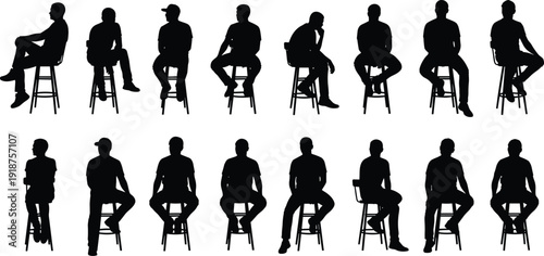 People sitting on stools silhouettes set, men seated poses collection isolated on white background, black vector illustration