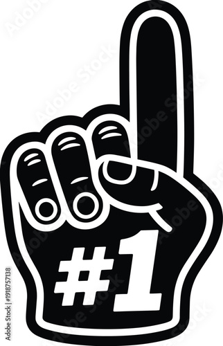 Number one foam finger silhouette, black sports fan hand sign isolated on white background, victory supporter vector illustration icon