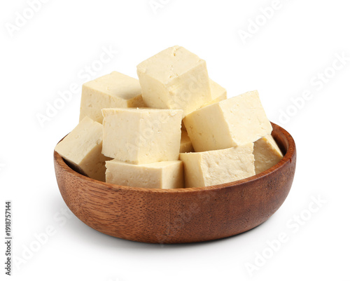 Bowl with cut tofu cheese i...