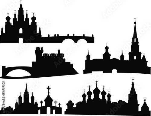 Orthodox church and cathedral silhouettes set, Russian architecture skyline with domes crosses isolated on white background vector illustration