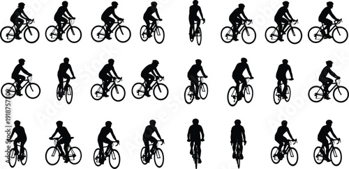Cyclist silhouette set with multiple riding positions isolated on white background, bicycle sport activity collection detailed illustration