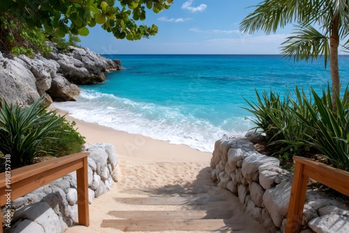 Wooden steps leading to tropical turquoise beach paradise