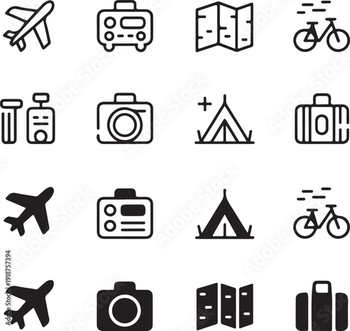 Travel and tourism icons in various styles and formats