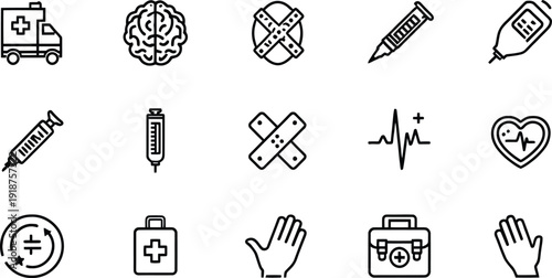 Collection of hand drawn black and white line icons representing various kindergarten and elementary school educational toys and learning tools for young children development concepts