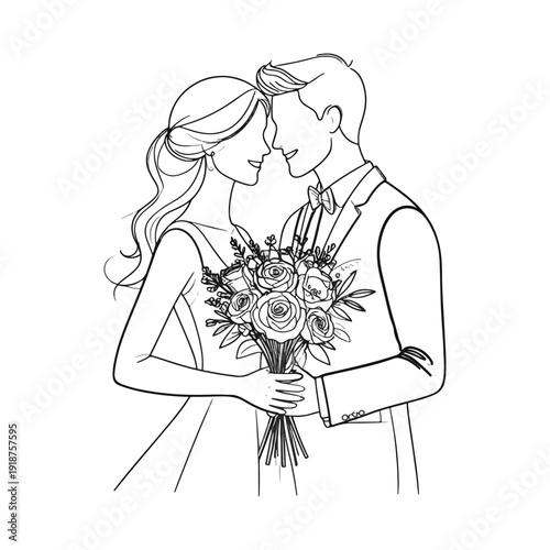 Romantic couple engagement proposal holding flowers wedding vector