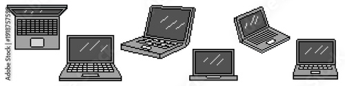 Set editable pixel laptop icon vector for retro gaming and 8-bit interfaces. Ideal for symbolizing classic technology, arcade nostalgia, and digital pixel art concepts.