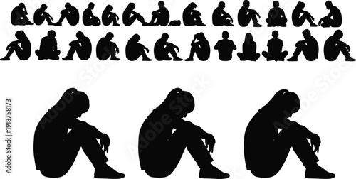 Depressed people silhouettes set, sad man sitting alone collection isolated on white background, emotional mental health concept illustration