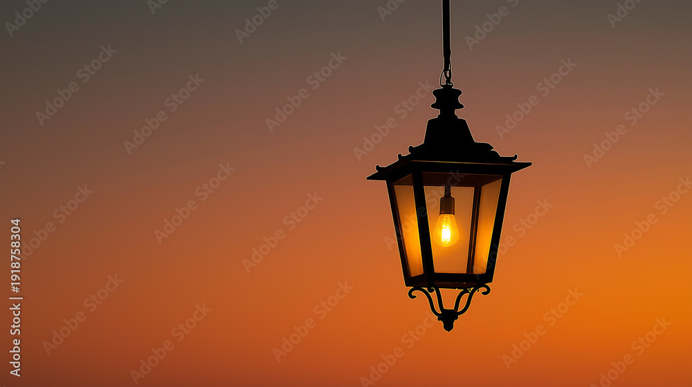 Obraz premium Glowing hanging lantern against warm sunset sky creating peaceful evening atmosphere with soft light,