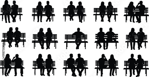 Couple silhouettes on park bench collection, men and women sitting together isolated on white background vector illustration