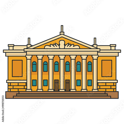 Classical government building with columns and pediment. Illustration. Object isolated on white background.