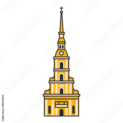Historic baroque church tower with golden spire and cross. Illustration. Object isolated on white background.