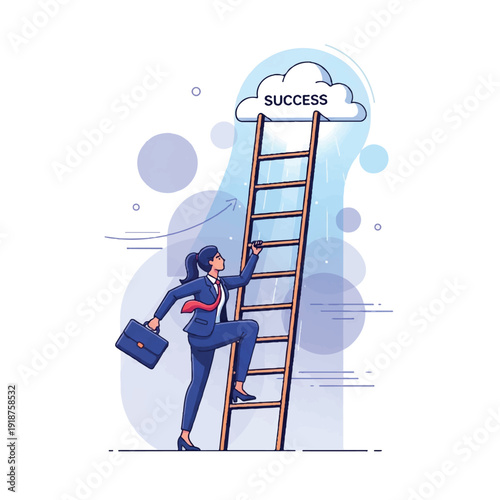 A determined businesswoman in a blue suit climbs a ladder towards a cloud labeled 'SUCCESS' with a briefcase in hand, against a modern abstract background with a motivational and uplifting