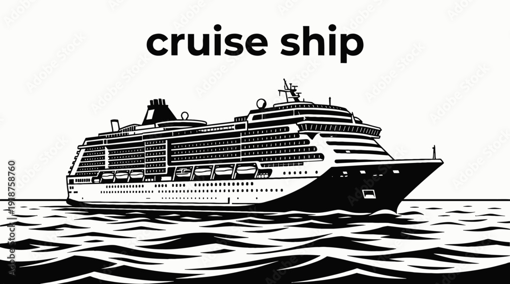 Obraz premium cruise ship boat vessel in calm sea ocean marine water travel tourism waves horizon navigation black and white vector illustration