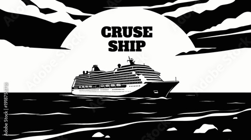 cruise ship boat vessel in calm sea ocean marine water travel tourism waves horizon navigation black and white vector illustration