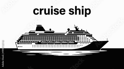cruise ship boat vessel in calm sea ocean marine water travel tourism waves horizon navigation black and white vector illustration