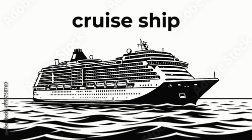 cruise ship boat vessel in calm sea ocean marine water travel tourism waves horizon navigation black and white vector illustration
