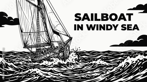 sailboat boat vessel in windy sea ocean marine water travel waves horizon navigation black and white vector illustration