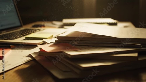 A Desk piled high with papers and a laptop, suggesting study or work on a project