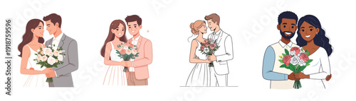 Happy couple holding bouquet romantic proposal wedding engagement flowers love