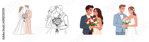set of Happy couple holding bouquet romantic proposal wedding engagement flowers love