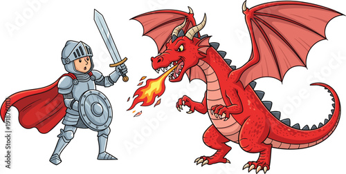 Cute, cartoon, illustration, of, a, brave, knight, in, armor, fighting, a, fire, breathing, red, dragon, with, sword, and, shield, isolated.