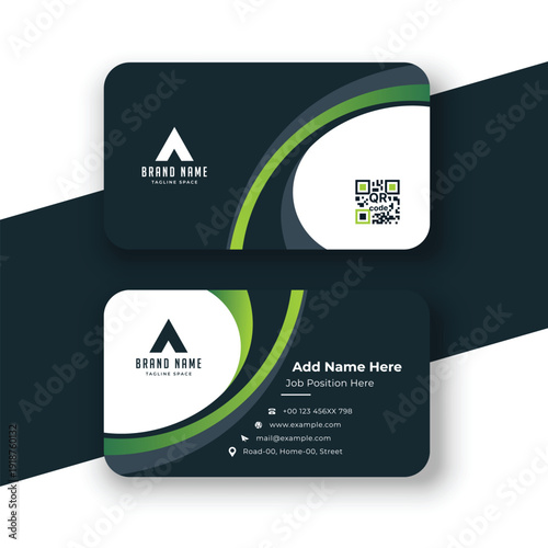Clean and modern business card design template with dark blue and green elements and qr code for corporate identity and branding presentation
