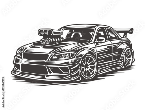 Custom Japanese sports car with massive supercharger and large spoiler.