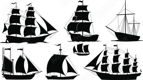 Sailing ship silhouette collection, vintage pirate and tall ships isolated on white background, classic maritime vessel vector illustration set