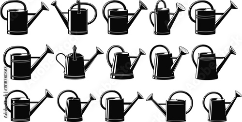 Vector, silhouette, set, of, various, garden, watering, cans, for, plants, gardening, equipment, cad, drawing, flat, illustration, isolated, white, background, collection.
