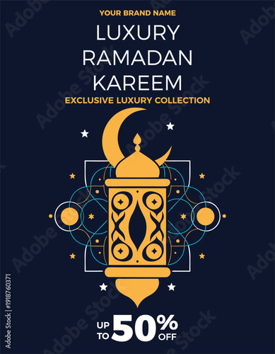 Ramadan Kareem 50 percent sale banner with gold lantern background