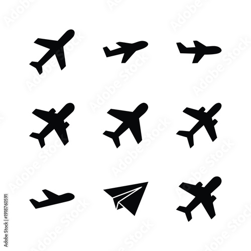 Collection of airplane icons and paper plane symbols representing travel and flight