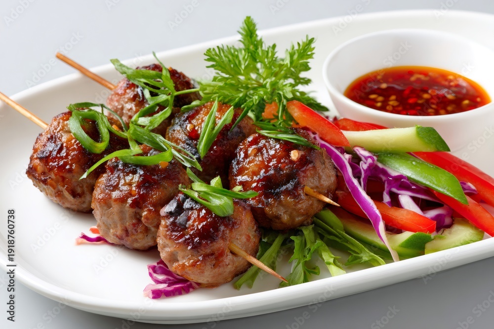 Fototapeta premium Asian cuisine meatballs skewers with dipping sauce