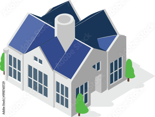 Isometric modern residential house with blue roof and large windows contemporary suburban home architecture illustration