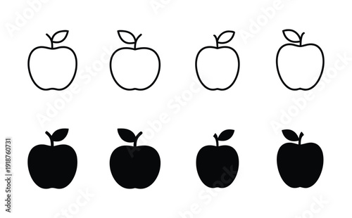 Collection of apple fruit icons in outline and solid black styles for food and healthy lifestyle concepts