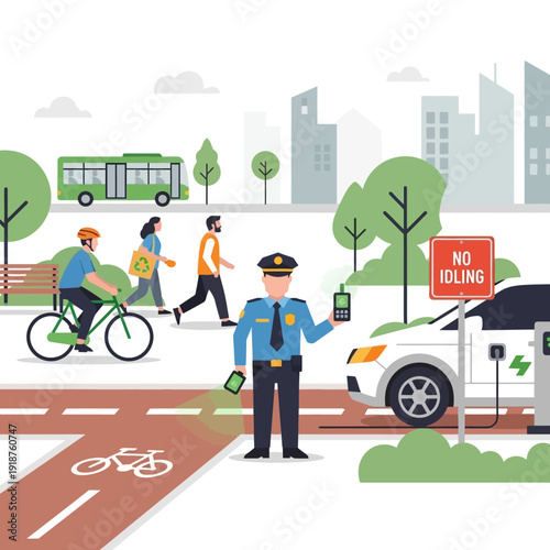 Police officer monitors electric car charging near bike lane and bus stop in eco-friendly city
