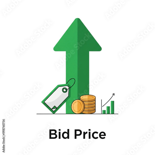 Increasing bid price with green arrow isolated on transparent background.