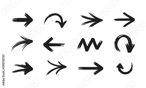 Collection of black arrows created with brush strokes, representing movement and direction