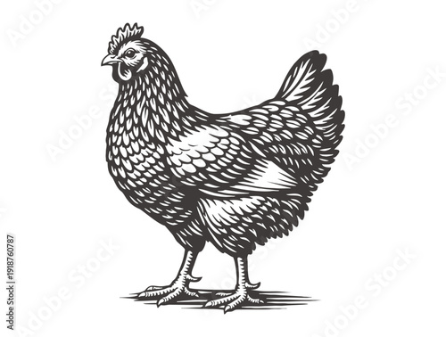 Classic pen and ink illustration of a hen standing still.