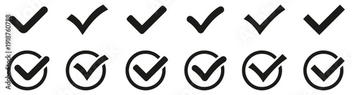 Collection of black check marks icons and check marks in circles on white background
