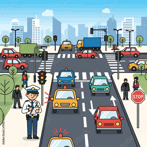 Traffic Jam City Street Intersection with Police Officer and Cars