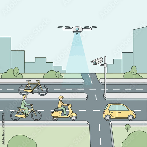 Drone and surveillance camera monitor traffic intersection with cars, bikes, and scooter