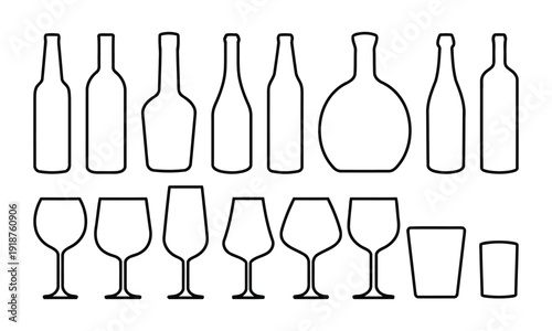 Collection of bottles and glasses silhouettes vector set