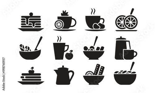 Collection of breakfast and drink icons, featuring food and beverages.
