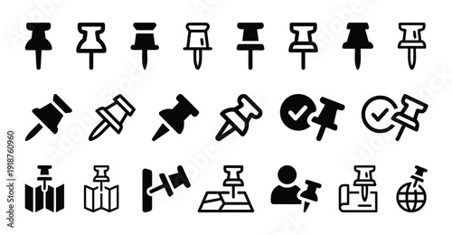 Collection of black pushpin icons used for marking locations on maps