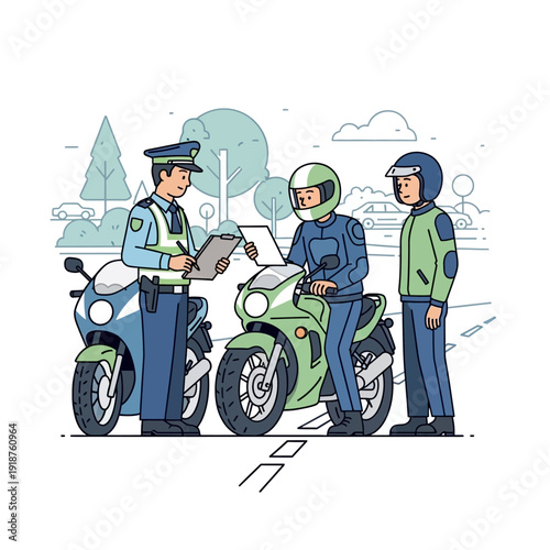 Police officer writing ticket to motorcyclist on road with another rider present