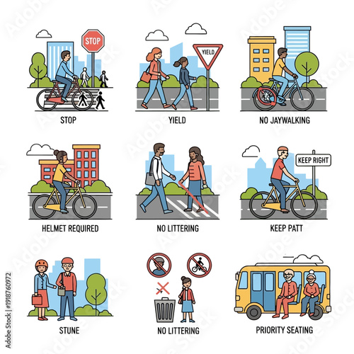 Urban traffic safety rules: cyclists, pedestrians, public transport, and etiquette illustrations