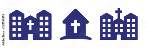 Collection of building icons for church and home with different designs and styles