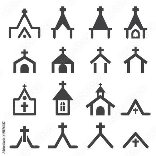 Collection of church building icons with crosses representing religious architecture and places of worship