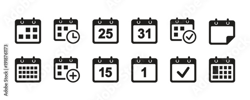 Collection of calendar icons with dates, checkmarks, and clock vector