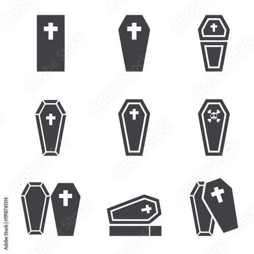 Collection of coffin and casket icons representing death and funeral services